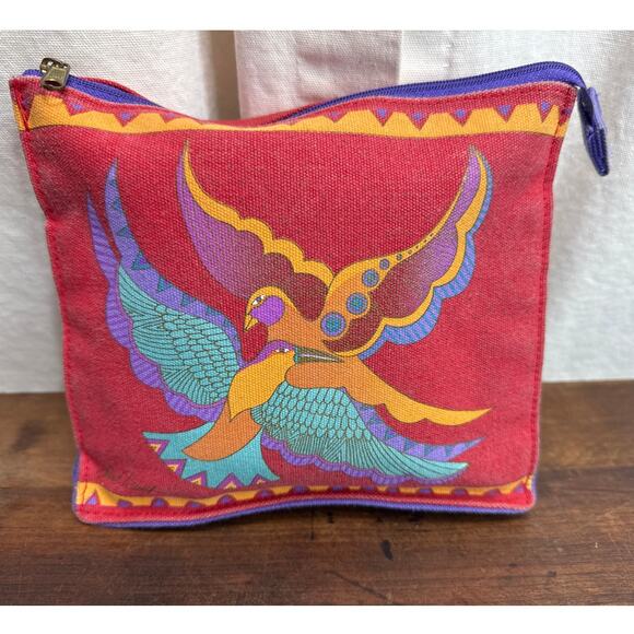 Laurel Burch Handbags - Laurel Burch Canvas Zip Cosmetic Travel Bag Clutch Bird Design Bohemian Folk Art